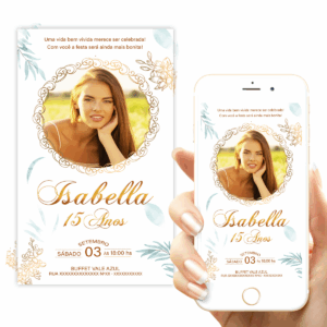 Convite 15 Anos com Foto Digital Dourado com Verdes