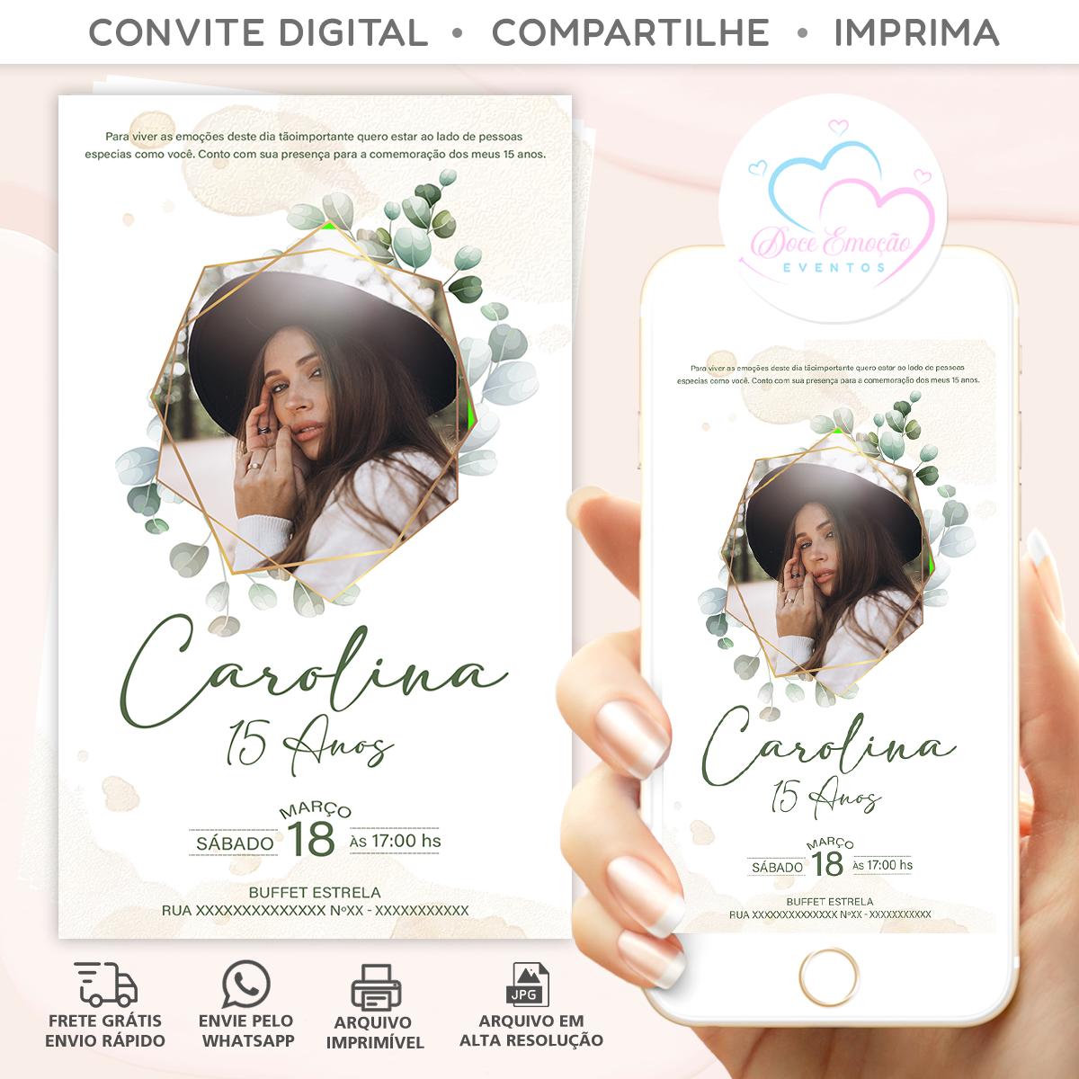 Convite 15 Anos com Foto Digital Folhas Verdes - Imagem 3