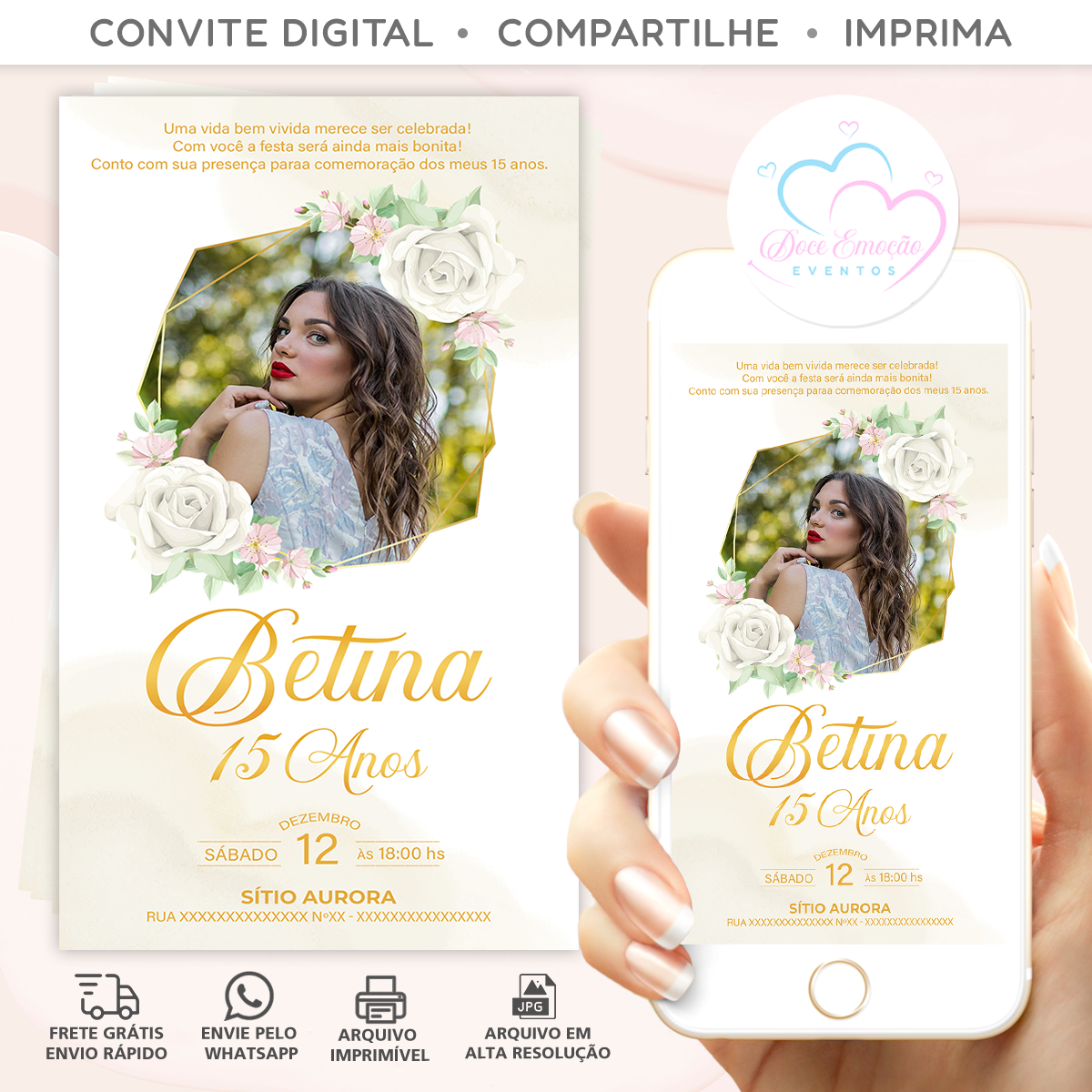 Convite 15 Anos com Foto Digital Flores Brancas - Imagem 2