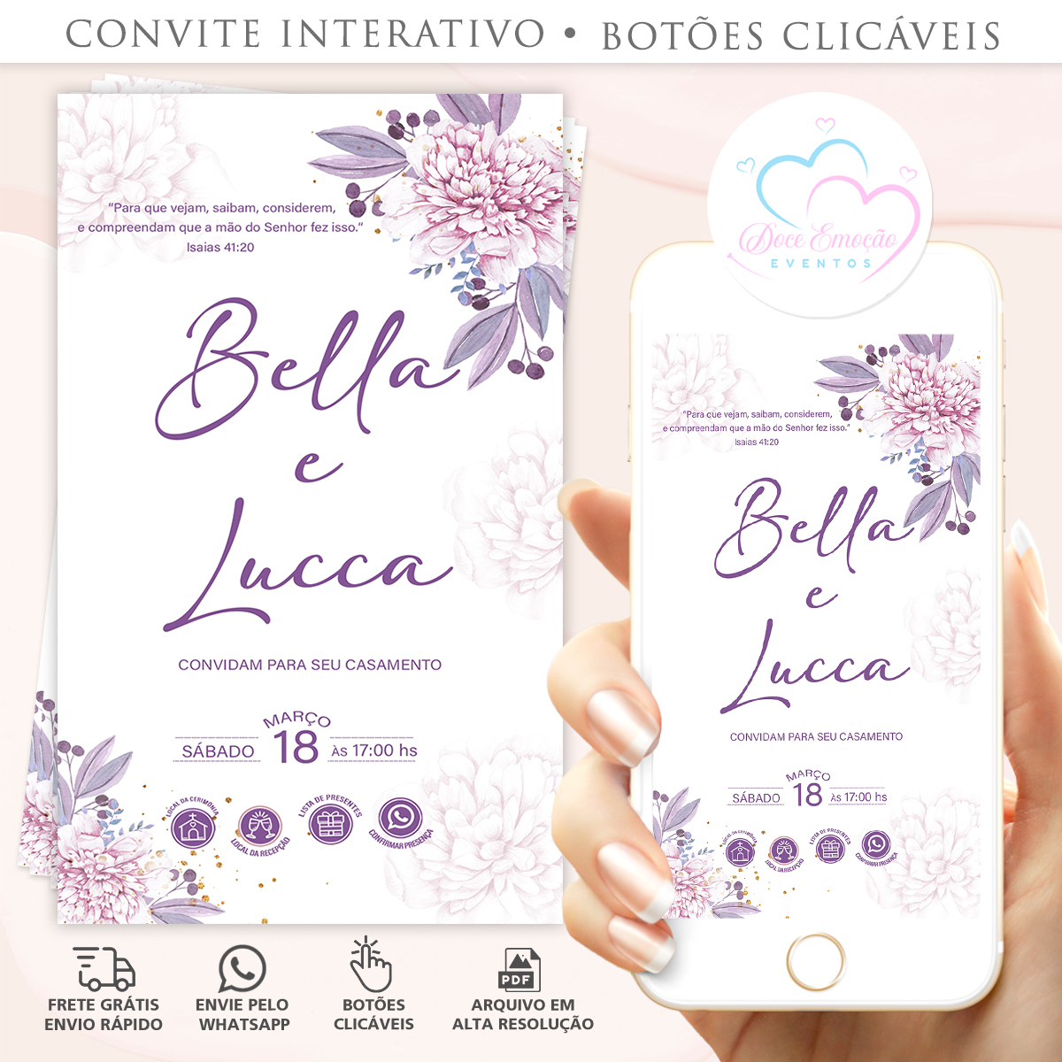 Convite Interativo Casamento Lilás Floral - Imagem 2