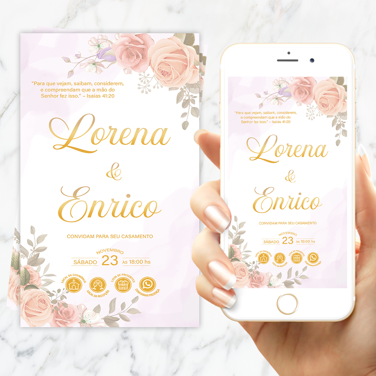 Convite Casamento Interativo Rosa Rose Elegante