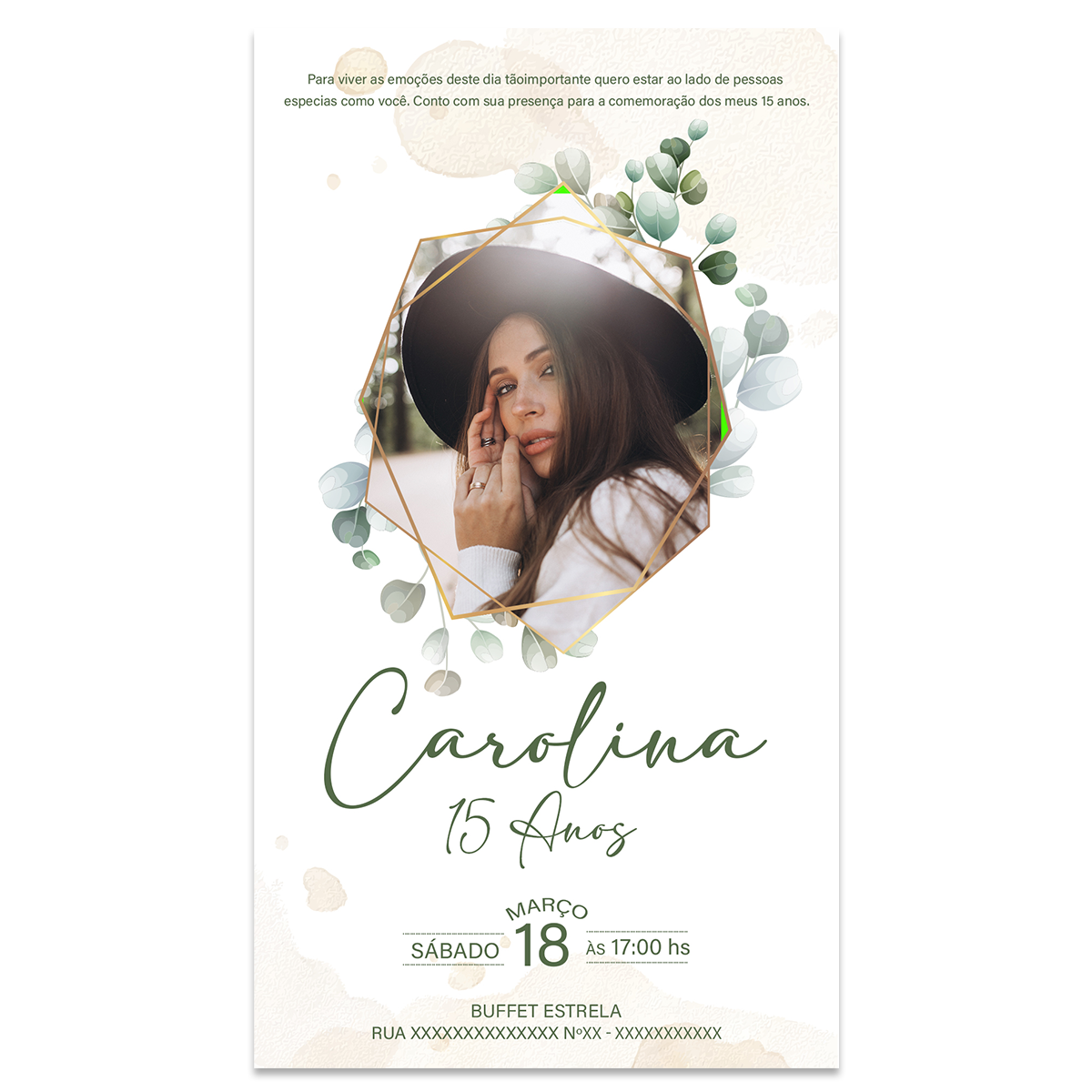 Convite 15 Anos com Foto Digital Folhas Verdes - Imagem 2